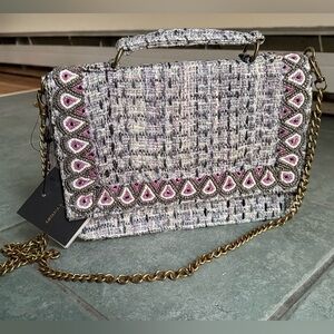 NWT America & Beyond | Coco Classic | tweed and beaded chain flap crossbody